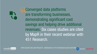 Converged data platforms
are transforming businesses,
demonstrating significant cost
savings and helping drive additional
revenues. Six cases studies are cited
by MapR in their recent webinar with
451 Research.
Open Source Big Data Projects - Emergence of the Converged Data Platform
 