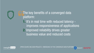The key benefits of a converged data
platform:
1. It’s in real time with reduced latency -
improves responsiveness of applications
2. Improved reliability drives greater
business value and reduced costs
Open Source Big Data Projects - Emergence of the Converged Data Platform
 