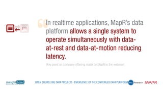 In realtime applications, MapR’s data
platform allows a single system to
operate simultaneously with data-
at-rest and data-at-motion reducing
latency.
(Key point on company offering made by MapR in the webinar)
Open Source Big Data Projects - Emergence of the Converged Data Platform
 