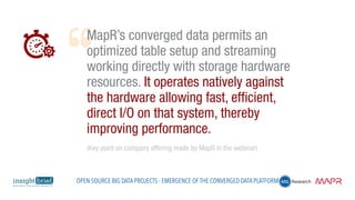 MapR’s converged data permits an
optimized table setup and streaming
working directly with storage hardware
resources. It operates natively against
the hardware allowing fast, efficient,
direct I/O on that system, thereby
improving performance.
(Key point on company offering made by MapR in the webinar)
Open Source Big Data Projects - Emergence of the Converged Data Platform
 