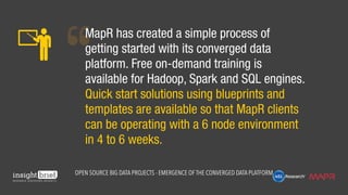 MapR has created a simple process of
getting started with its converged data
platform. Free on-demand training is
available for Hadoop, Spark and SQL engines.
Quick start solutions using blueprints and
templates are available so that MapR clients
can be operating with a 6 node environment
in 4 to 6 weeks.
Open Source Big Data Projects - Emergence of the Converged Data Platform
 