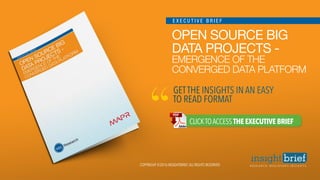 GETTHE INSIGHTS IN AN EASY
TO READ FORMAT
OPEN SOURCE BIG
DATA PROJECTS -
EMERGENCE OF THE
CONVERGED DATA PLATFORM
COPYRIGHT ©2016 INSIGHTBRIEF.ALL RIGHTS RESERVED
CLICKTOACCESSTHEEXECUTIVEBRIEF
E X E C U T I V E B R I E F
 