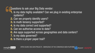 Questions to ask your Big Data vendor:
1.	Is my data highly available? Can we plug in existing enterprise
systems?
2.	Can ...
