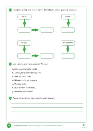 12 Banco de Questões – Língua Portuguesa – 4o
ano | Ensino Fundamental
5. Complete o diagrama com os nomes das notações léxicas que você aprendeu.
6. Use o acento grave se necessário. Atenção!
7. Agora, crie uma frase que contenha o acento grave.
órfão
mal-acabado
coração
árvore
a. Fui a casa, mas voltei rápido.
b. A noite, se reuniram para ouvi-lo.
c. Você vai a aula hoje?
d. Não desobedeça a ninguém.
e. Vamos a praia.
f. Laura e Bento vão a escola.
g. A casa de João é verde.
 