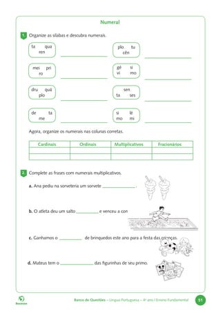 Banco de Questões – Língua Portuguesa – 4o
ano | Ensino Fundamental 51
Numeral
1. Organize as sílabas e descubra numerais.
ta qua
ren
plo tu
cên
gé si
vi mo
mei pri
ro
dru quá
plo
de ta
me
sen
ta ses
si lé
mo mi
		 Agora, organize os numerais nas colunas corretas.
Cardinais Ordinais Multiplicativos Fracionários
2. Complete as frases com numerais multiplicativos.
a. Ana pediu na sorveteria um sorvete 			 .
b. O atleta deu um salto 		 e venceu a competição. 			
c. Ganhamos o 		 de brinquedos este ano para a festa das crianças.
d. Mateus tem o 			 das figurinhas de seu primo.
35
76
31
15
2
49
 