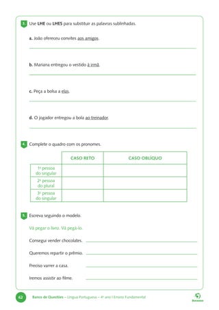 62 Banco de Questões – Língua Portuguesa – 4o
ano | Ensino Fundamental
3. Use LHE ou LHES para substituir as palavras sublinhadas.
a. João ofereceu convites aos amigos.
b. Mariana entregou o vestido à irmã.
c. Peça a bolsa a elas.
d. O jogador entregou a bola ao treinador.
4. Complete o quadro com os pronomes.
CASO RETO CASO OBLÍQUO
1a
pessoa
do singular
2a
pessoa
do plural
3a
pessoa
do singular
5. Escreva seguindo o modelo.
Vá pegar o livro. Vá pegá-lo.
Consegui vender chocolates.
Queremos repartir o prêmio.
Preciso varrer a casa.
Iremos assistir ao filme.
 