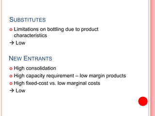 SubstitutesLimitations on bottling due to product characteristics LowNew EntrantsHigh consolidation High capacity requirement – low margin products High fixed-cost vs. low marginal costs Low