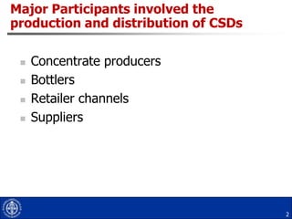 Major Participants involved the production and distribution of CSDsConcentrate producersBottlersRetailer channelsSuppliers2