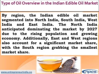 www.entrepreneurindia.co
Type of Oil Overview in the Indian Edible Oil Market
By region, the Indian edible oil market
segmented into North India, South India, West
India and East India. The North India
anticipated dominating the market by 2027
due to the rising population and growing
economy. Additionally, East and West regions
also account for a significant market share,
with the South region grabbing the smallest
market share.
 