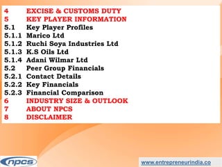 www.entrepreneurindia.co
4 EXCISE & CUSTOMS DUTY
5 KEY PLAYER INFORMATION
5.1 Key Player Profiles
5.1.1 Marico Ltd
5.1.2 Ruchi Soya Industries Ltd
5.1.3 K.S Oils Ltd
5.1.4 Adani Wilmar Ltd
5.2 Peer Group Financials
5.2.1 Contact Details
5.2.2 Key Financials
5.2.3 Financial Comparison
6 INDUSTRY SIZE & OUTLOOK
7 ABOUT NPCS
8 DISCLAIMER
 