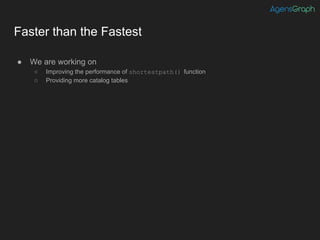 Faster than the Fastest
● We are working on
○ Improving the performance of shortestpath() function
○ Providing more catalog tables
 