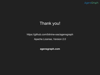 agensgraph.com
https://github.com/bitnine-oss/agensgraph
Apache License, Version 2.0
Thank you!
 