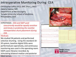 Intraoperative Monitoring During CEA
Christopher Loftus M.D, DHC (Hon.), FACS
Zakaria Hakma, MD
Department of Neurosurgery,
Temple University School of Medicine,
Philadelphia, USA

HYPOTHESIS - EEG and SSEP used
    concurrently would be equally sensitive
    and timely in predicting the need for
    intraoperative shunt placement during
    CEA
Methods:
We studied 34 patients and performed
selective shunting. Using the standard 10-
20 system, baseline digital EEGs were
performed pre-operatively, and continuous
monitoring was used in the operating room.
SSEPs were likewise recorded, by
stimulating bilateral median and posterior
tibial nerves.
 