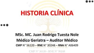 HISTORIA CLÍNICA
MSc. MC. Juan Rodrigo Tuesta Nole
Médico Geriatra – Auditor Médico
CMP N° 56120 – RNE N° 30248 – RNA N° A06409
 