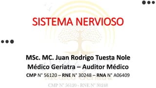SISTEMA NERVIOSO
MSc. MC. Juan Rodrigo Tuesta Nole
Médico Geriatra – Auditor Médico
CMP N° 56120 – RNE N° 30248 – RNA N° A06409
 