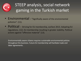 STEEP analysis, social network gaming in the Turkish marketSocial – 99% muslim population (1). Conservative values can resist some ”offensive” content (2). Turkish language important. Dislikes paying upfront (3)Technology – Internet user growth 2009 to 2010 from 30% to 41.6% of population (4). 25M Turkish users on facebook, 4th largest in the world (5). Download limits on many broadband connections (6).	The online games market is the fastest growing component with a projected annual growth rate of nearly 40 percent (7).Control /adapt content to users (local  preferences), use microtransaction payment model. Trend indicating rapid progress in technological infrastructure and usage. Huge cluster of new internet users makes Turkey rich in social network game potential. Avoid large data transfers.