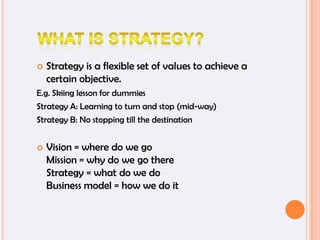 What is strategy? Strategy is a flexible set of values to achieve a certain objective.  E.g. Skiing lesson for dummies Strategy A: Learning to turn and stop (mid-way) Strategy B: No stopping till the destination Vision = where do we goMission = why do we go thereStrategy = what do we doBusiness model = how we do it 