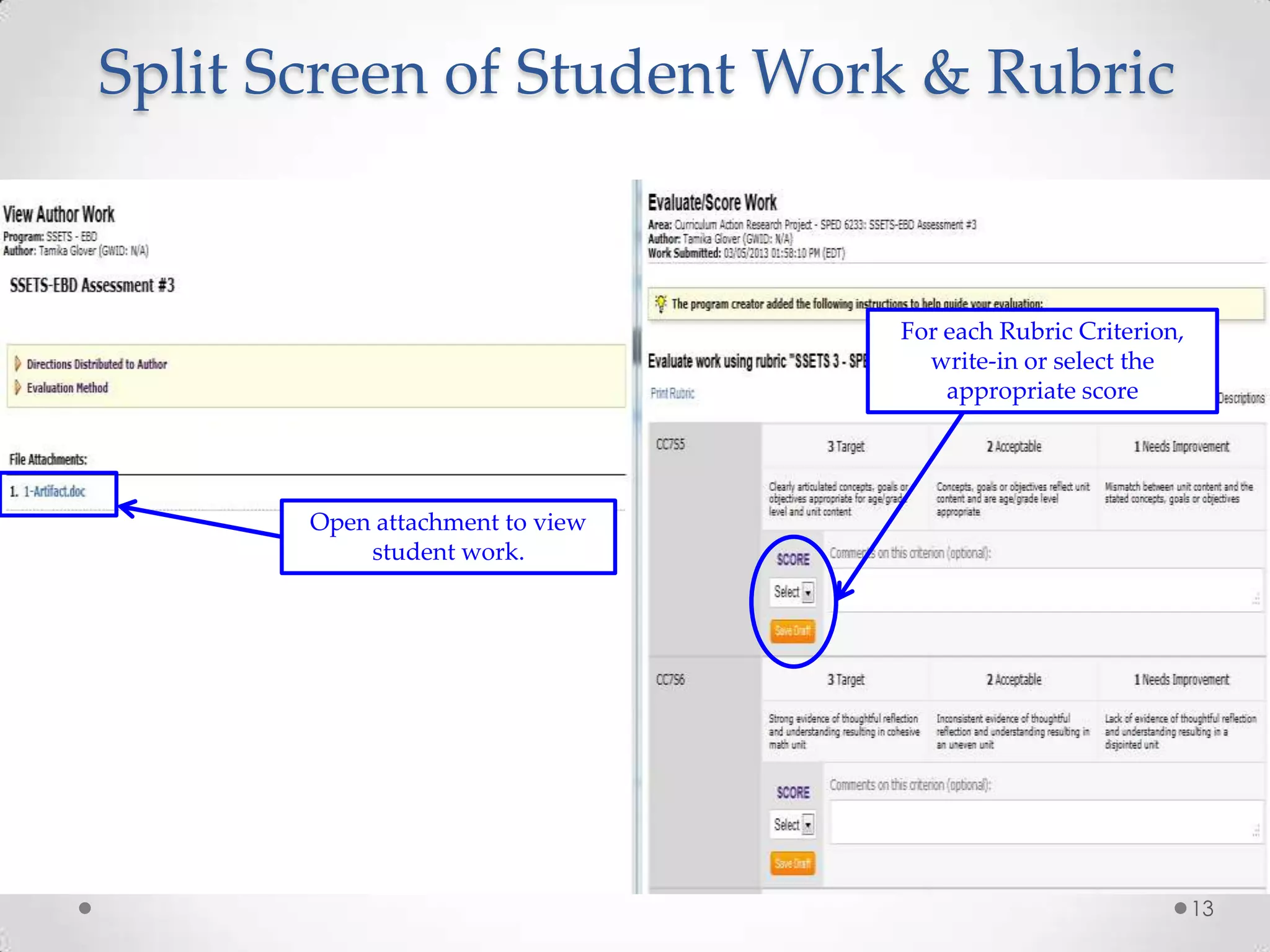 Split Screen of Student Work & Rubric

For each Rubric Criterion,
write-in or select the
appropriate score

Open attachment to view
student work.

13

 