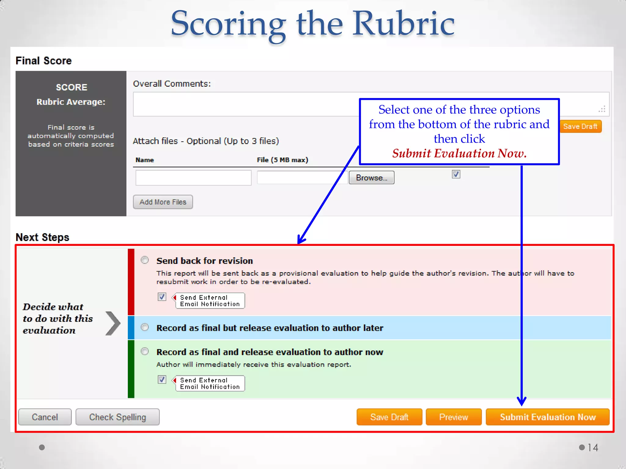 Scoring the Rubric
Select one of the three options
from the bottom of the rubric and
then click
Submit Evaluation Now.

14

 