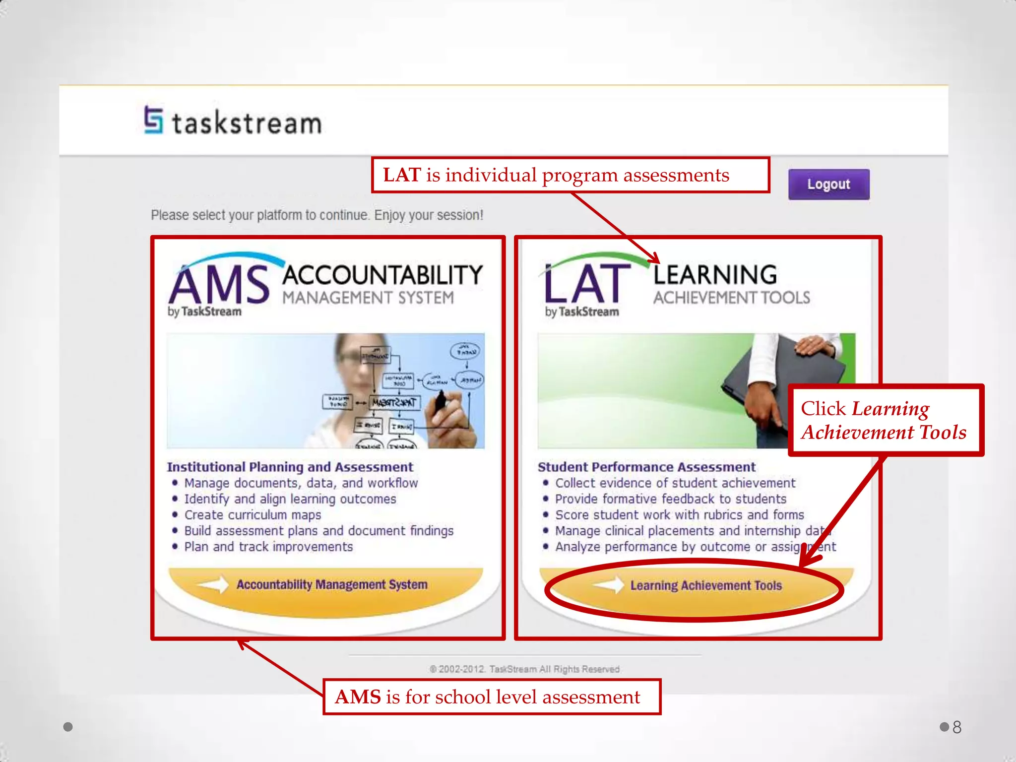 LAT is individual program assessments

Click Learning
Achievement Tools

AMS is for school level assessment
8

 