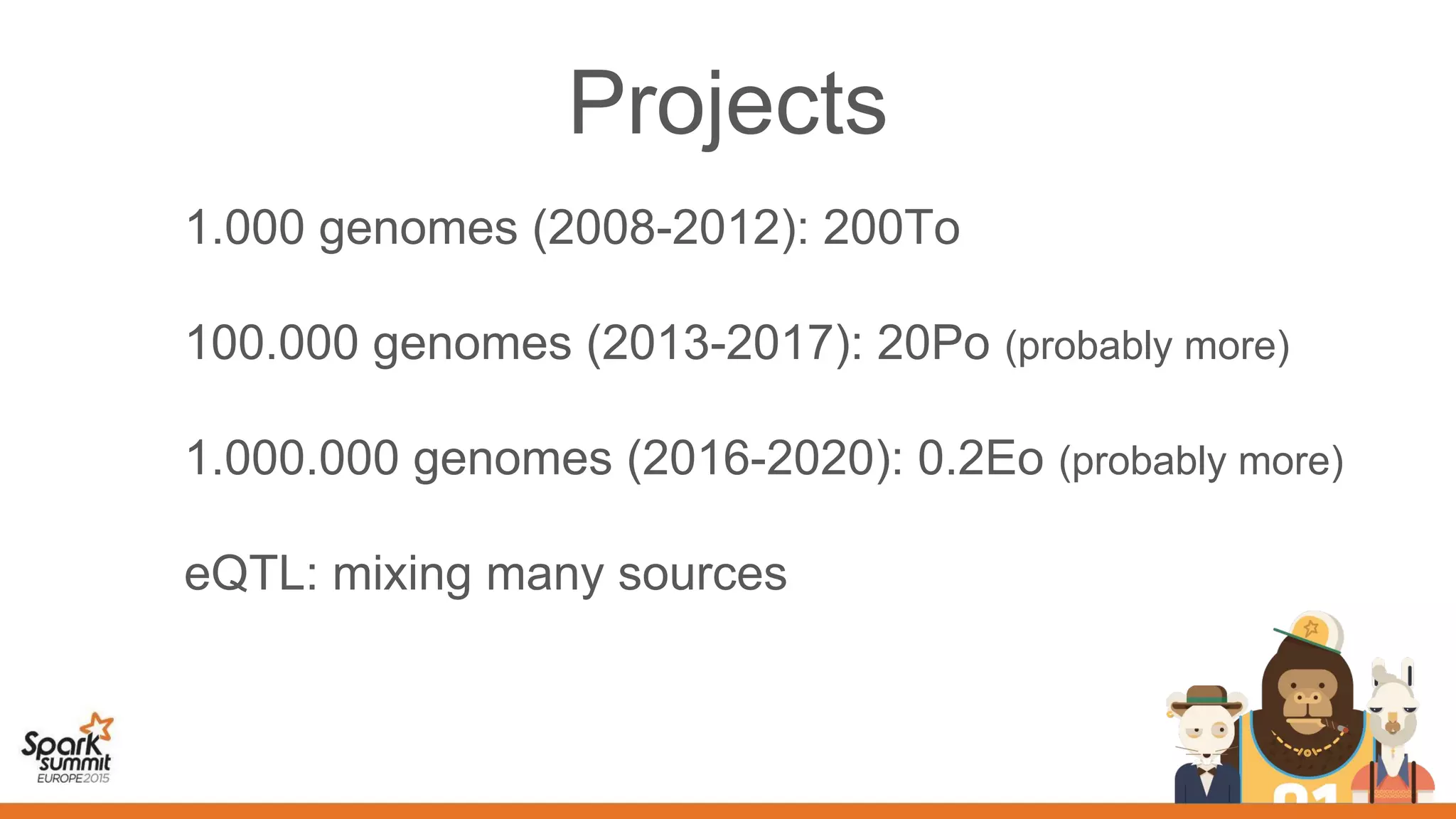 Projects
1.000 genomes (2008-2012): 200To
100.000 genomes (2013-2017): 20Po (probably more)
1.000.000 genomes (2016-2020): 0.2Eo (probably more)
eQTL: mixing many sources
 