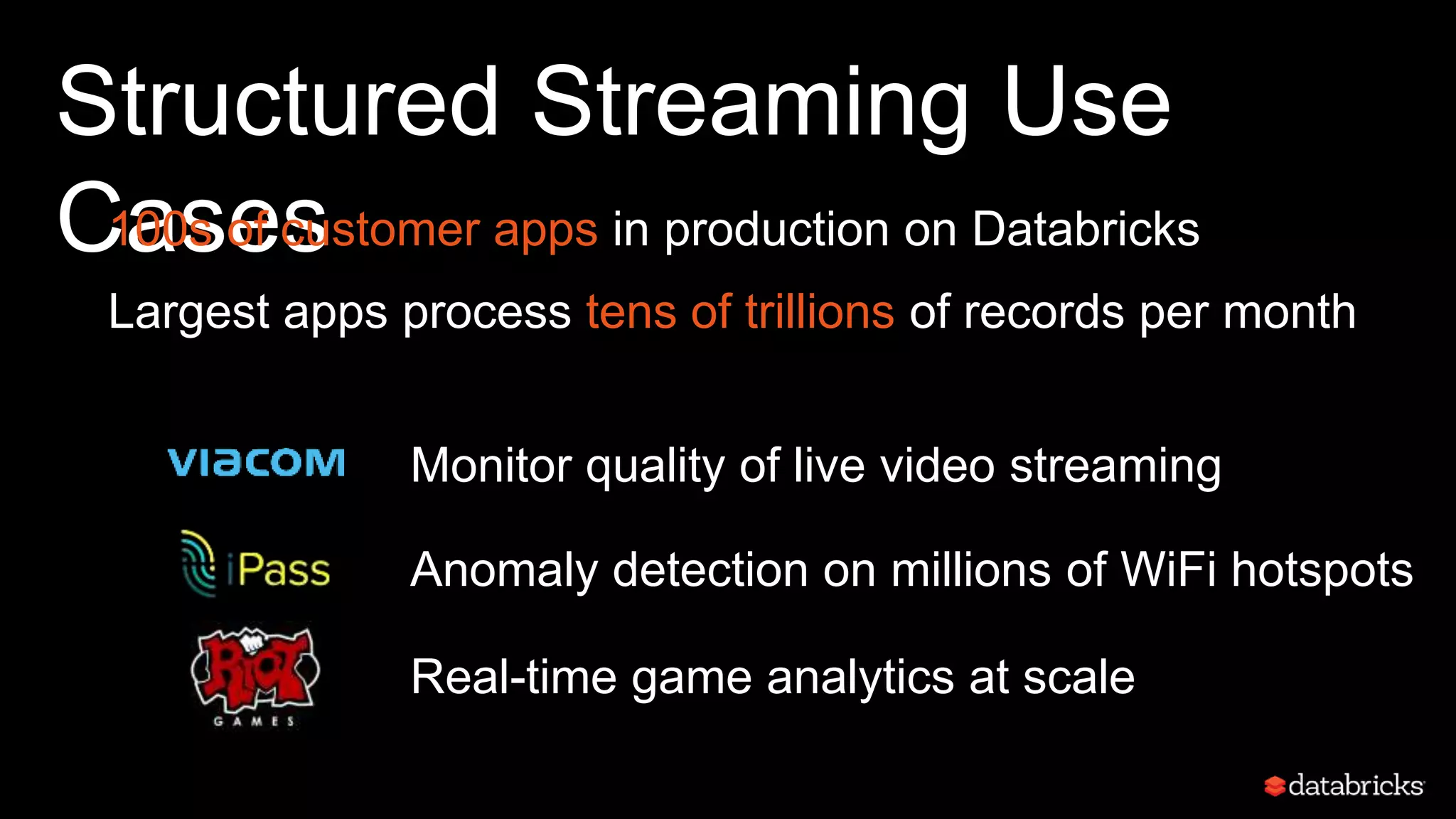 Structured Streaming Use
Cases
Monitor quality of live video streaming
Anomaly detection on millions of WiFi hotspots
100s of customer apps in production on Databricks
Largest apps process tens of trillions of records per month
Real-time game analytics at scale
 