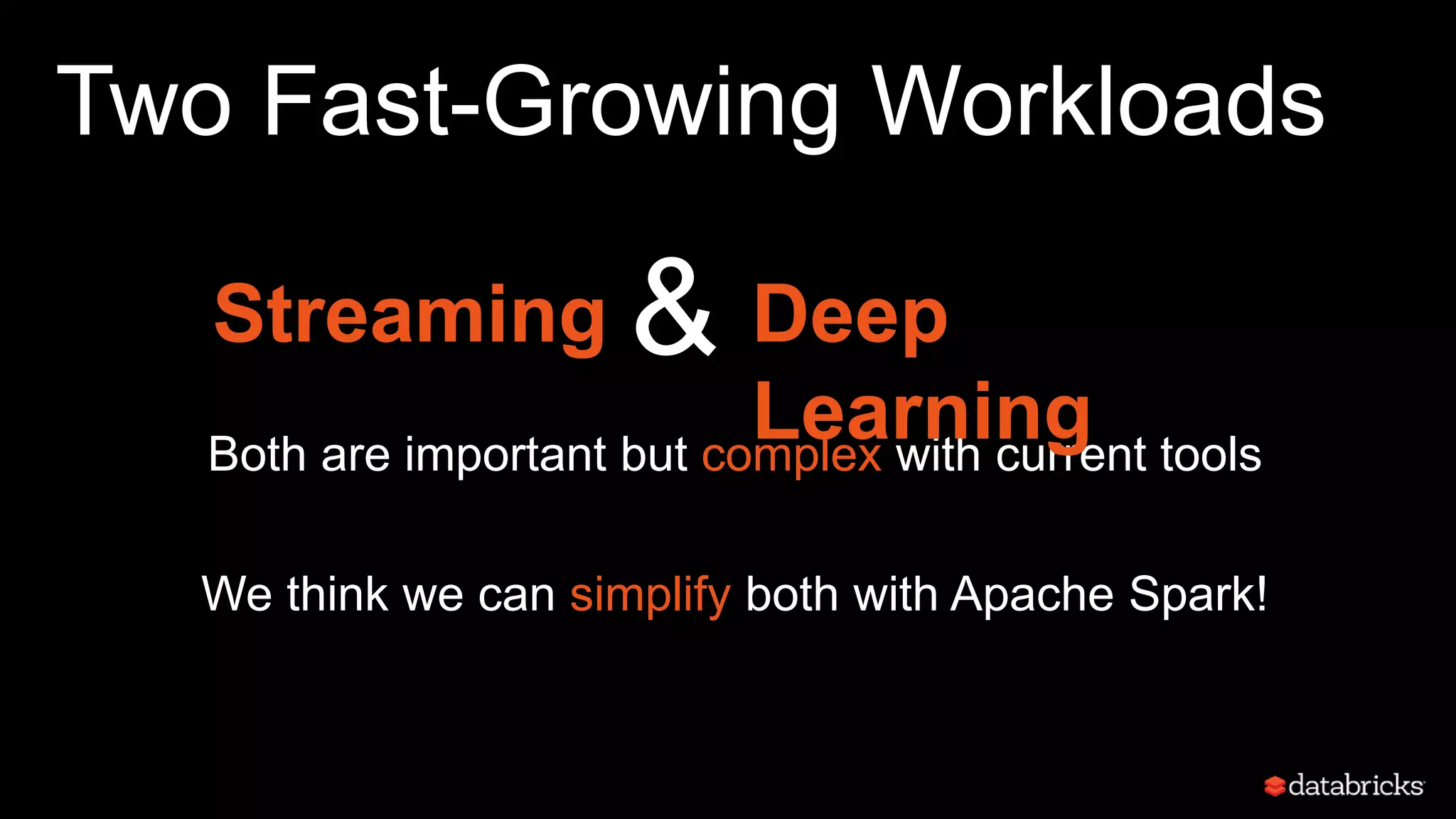 Two Fast-Growing Workloads
Both are important but complex with current tools
We think we can simplify both with Apache Spark!
Streaming Deep
Learning
&
 