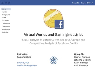 Group 8b     Course 2304 Intro Agenda Background STEEP FB Credits Competition Conclusions Bibliography Appendix Virtual Worlds and GamingIndustries STEEP analysis of Virtual Currencies in US/Europe and Competitive Analysis of Facebook Credits Instructor:										Group 8b: Robin Teigland										Charles Florman 												Johanna Sjöblom Course 2404										Karin Rimbäck Media Management								Carl Waldenor 