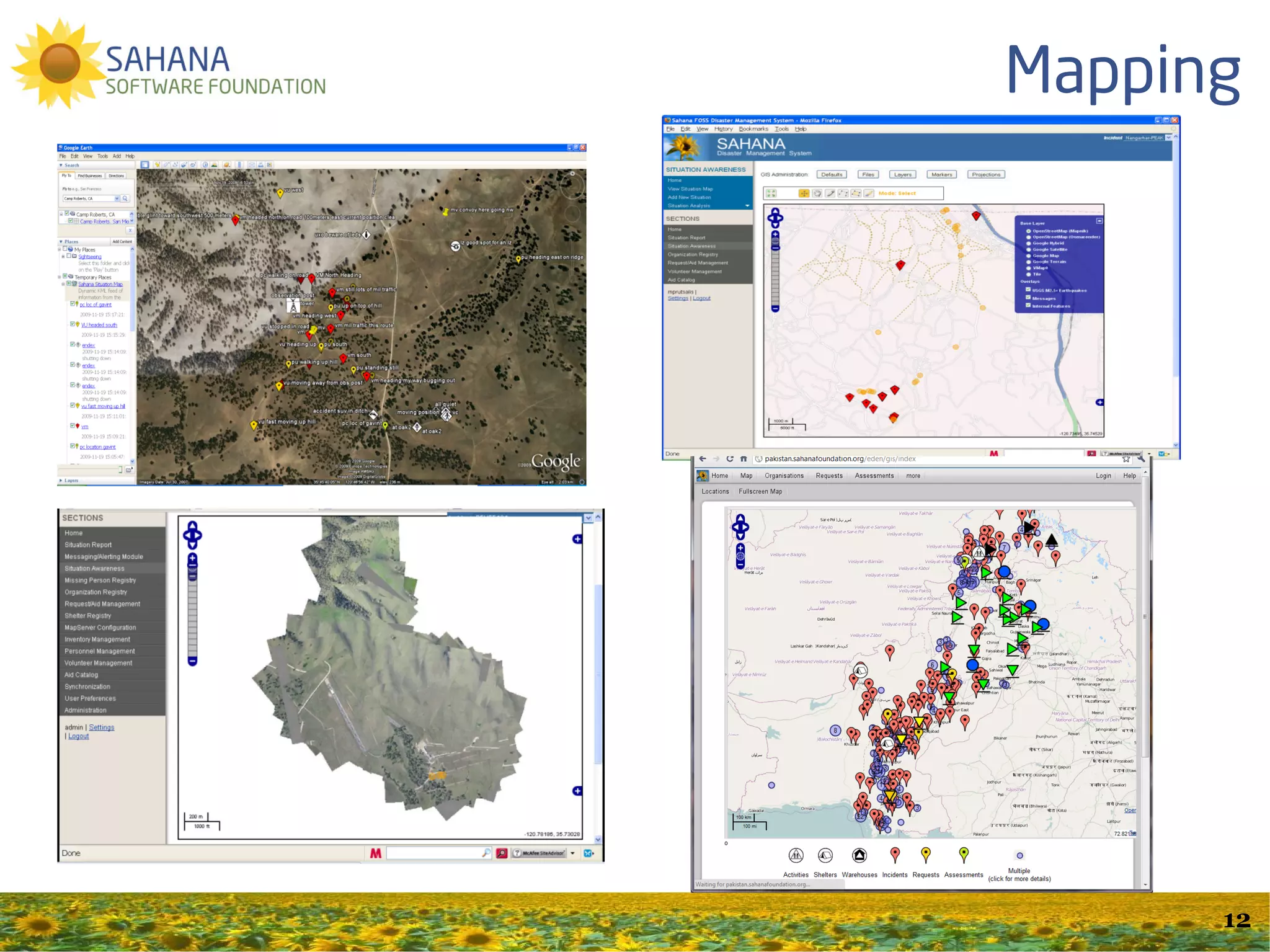Pre-Disaster Deployments
Bombeiros in Portugal - 2011
IFRC Asia Pacific Disaster Management Unit – 2010
Philippines Red Cross in the Philippines – 2010
SahanaTaiwan, Academia Sinica, in Taiwan – 2010
Asia Disaster Preparedness Center, Bangkok, Thailand – 2010
National Disaster Relief Services Center, Sri Lanka – 2010
National Coordinating Agency for Disaster Management (BNPB) in
Indonesia – 2009
National Disaster Coordinating Council in the Philippines – 2009
US National Library of Medicine, Bethesda, Maryland - 2009
LirneAsia, Bio-Surveillance, Sri Lanka and India - 2008
Sarvodaya (NGO), Sri Lanka – 2008
Office of Emergency Management in New York City – 2007



                                                                   12
 