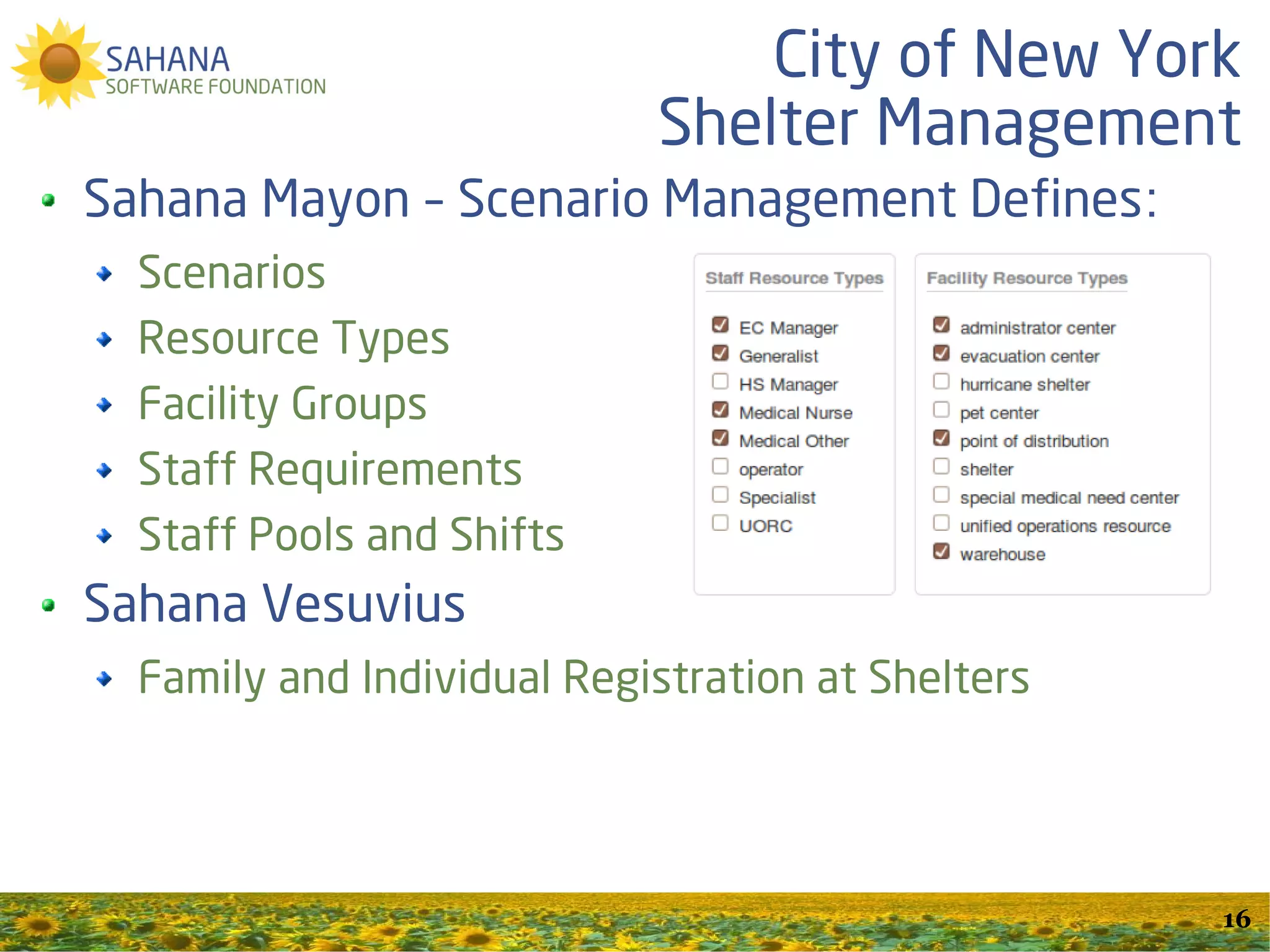 Sahana Vesuvius Capabilities
Event Manager
Report a Person (Web Form)
Full Person Record & Edits
TriagePic
Search for a Person
Report a Person by E-mail
ReUnite iPhone App
PFIF Interoperability with Google Person Finder


                                                  16
 