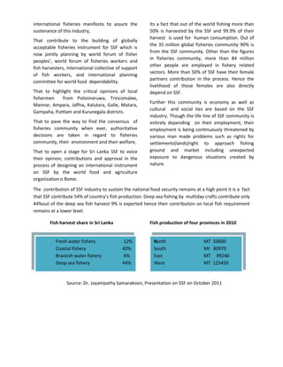 international fisheries manifesto to assure the          Its a fact that out of the world fishing more than
sustenance of this industry,                             50% is harvested by the SSF and 99.9% of their
                                                         harvest is used for human consumption. Out of
That contribute to the building of globally
                                                         the 35 million global fisheries community 90% is
acceptable fisheries instrument for SSF which is
                                                         from the SSF community. Other than the figures
now jointly planning by world forum of fisher
                                                         in fisheries community, more than 84 million
peoples’, world forum of fisheries workers and
                                                         other people are employed in fishery related
fish harvesters, international collective of support
                                                         sectors. More than 50% of SSF have their female
of fish workers, and international planning
                                                         partners contribution in the process. Hence the
committee for world food dependability.
                                                         livelihood of those females are also directly
That to highlight the critical opinions of local         depend on SSF.
fishermen    from Polonnaruwa, Trincomalee,
                                                         Further this community is economy as well as
Mannar, Ampara, Jaffna, Kalutara, Galle, Matara,
                                                         cultural and social ties are based on the SSF
Gampaha, Puttlam and Kurunegala districts.
                                                         industry. Though the life line of SSF community is
That to pave the way to find the consensus of            entirely depending on their employment, their
fisheries community when ever, authoritative             employment is being continuously threatened by
decisions are taken in regard to fisheries               various man made problems such as rights for
community, their environment and their welfare,          settlements(lands)right to approach fishing
That to open a stage for Sri Lanka SSF to voice          ground and market including unexpected
their opinion, contributions and approval in the         exposure to dangerous situations created by
process of designing an international instrument         nature.
on SSF by the world food and agriculture
organization o Rome.

The contribution of SSF industry to sustain the national food security remains at a high point it is a fact
that SSF contribute 54% of country’s fish production. Deep sea fishing by multiday crafts contribute only
44%out of the deep sea fish harvest 9% is exported hence their contribution on local fish requirement
remains at a lower level.

        Fish harvest share in Sri Lanka                  Fish production of four provinces in 2010


           Fresh water fishery              12%            North                    MT 33600
           Coastal fishery                  40%            South                    Mt 80970
           Brackish water fishery           4%             East                     MT 99240
           Deep sea fishery                 44%            West                     MT 125450


                Source: Dr. Jayampathy Samarakoon, Presentation on SSF on October 2011
 