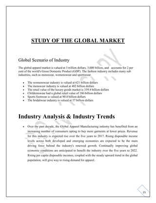 15
STUDY OF THE GLOBAL MARKET
Global Scenario of Industry
The global apparel market is valued at 3 trillion dollars, 3,000 billion, and accounts for 2 per
cent of the world's Gross Domestic Product (GDP). The fashion industry includes many sub
industries, such as menswear, womenswear and sportswear.
• The womenswear industry is valued at 621 billion dollars
• The menswear industry is valued at 402 billion dollars
• The retail value of the luxury goods market is 339.4 billion dollars
• Childrenswear had a global retail value of 186 billion dollars
• Sports footwear is valued at 90.4 billion dollars
• The bridalwear industry is valued at 57 billion dollars
Industry Analysis & Industry Trends
• Over the past decade, the Global Apparel Manufacturing industry has benefited from an
increasing number of consumers opting to buy more garments at lower prices. Revenue
for this industry is expected rise over the five years to 2017. Rising disposable income
levels across both developed and emerging economies are expected to be the main
driving force behind the industry's renewed growth. Continually improving global
economic conditions are anticipated to benefit the industry over the five years to 2022.
Rising per capita disposable incomes, coupled with the steady upward trend in the global
population, will give way to rising demand for apparel.
 