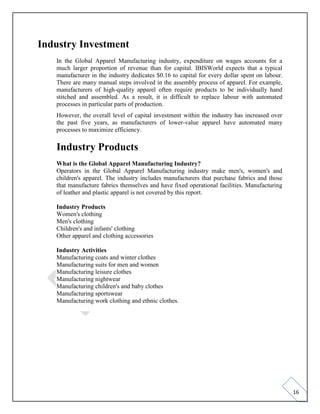 16
Industry Investment
In the Global Apparel Manufacturing industry, expenditure on wages accounts for a
much larger proportion of revenue than for capital. IBISWorld expects that a typical
manufacturer in the industry dedicates $0.16 to capital for every dollar spent on labour.
There are many manual steps involved in the assembly process of apparel. For example,
manufacturers of high-quality apparel often require products to be individually hand
stitched and assembled. As a result, it is difficult to replace labour with automated
processes in particular parts of production.
However, the overall level of capital investment within the industry has increased over
the past five years, as manufacturers of lower-value apparel have automated many
processes to maximize efficiency.
Industry Products
What is the Global Apparel Manufacturing Industry?
Operators in the Global Apparel Manufacturing industry make men's, women's and
children's apparel. The industry includes manufacturers that purchase fabrics and those
that manufacture fabrics themselves and have fixed operational facilities. Manufacturing
of leather and plastic apparel is not covered by this report.
Industry Products
Women's clothing
Men's clothing
Children's and infants' clothing
Other apparel and clothing accessories
Industry Activities
Manufacturing coats and winter clothes
Manufacturing suits for men and women
Manufacturing leisure clothes
Manufacturing nightwear
Manufacturing children's and baby clothes
Manufacturing sportswear
Manufacturing work clothing and ethnic clothes.
 