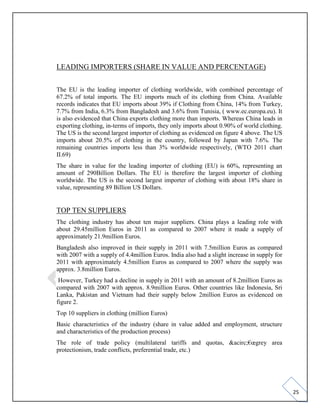 25
LEADING IMPORTERS (SHARE IN VALUE AND PERCENTAGE)
The EU is the leading importer of clothing worldwide, with combined percentage of
67.2% of total imports. The EU imports much of its clothing from China. Available
records indicates that EU imports about 39% if Clothing from China, 14% from Turkey,
7.7% from India, 6.3% from Bangladesh and 3.6% from Tunisia, ( www.ec.europa.eu). It
is also evidenced that China exports clothing more than imports. Whereas China leads in
exporting clothing, in-terms of imports, they only imports about 0.90% of world clothing.
The US is the second largest importer of clothing as evidenced on figure 4 above. The US
imports about 20.5% of clothing in the country, followed by Japan with 7.6%. The
remaining countries imports less than 3% worldwide respectively, (WTO 2011 chart
II.69)
The share in value for the leading importer of clothing (EU) is 60%, representing an
amount of 290Billion Dollars. The EU is therefore the largest importer of clothing
worldwide. The US is the second largest importer of clothing with about 18% share in
value, representing 89 Billion US Dollars.
TOP TEN SUPPLIERS
The clothing industry has about ten major suppliers. China plays a leading role with
about 29.45million Euros in 2011 as compared to 2007 where it made a supply of
approximately 21.9million Euros.
Bangladesh also improved in their supply in 2011 with 7.5million Euros as compared
with 2007 with a supply of 4.4million Euros. India also had a slight increase in supply for
2011 with approximately 4.5million Euros as compared to 2007 where the supply was
approx. 3.8million Euros.
However, Turkey had a decline in supply in 2011 with an amount of 8.2million Euros as
compared with 2007 with approx. 8.9million Euros. Other countries like Indonesia, Sri
Lanka, Pakistan and Vietnam had their supply below 2million Euros as evidenced on
figure 2.
Top 10 suppliers in clothing (million Euros)
Basic characteristics of the industry (share in value added and employment, structure
and characteristics of the production process)
The role of trade policy (multilateral tariffs and quotas, &acirc;€œgrey area
protectionism, trade conflicts, preferential trade, etc.)
 