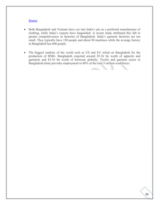 66
Source
• Both Bangladesh and Vietnam have cut into India’s pie as a preferred manufacturer of
clothing, while India’s exports have languished. A recent study attributed this fall to
greater competitiveness in factories of Bangladesh. India’s garment factories are too
small. They typically have 150 people and about 80 machines while the average factory
in Bangladesh has 600 people.
• The biggest markets of the world such as US and EU relied on Bangladesh for the
production of RMG. Bangladesh exported around $5.36 bn worth of apparels and
garments and $3.36 bn worth of knitwear globally. Textile and garment sector in
Bangladesh alone provides employment to 80% of the total 5 million workforces
 