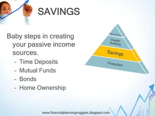 SAVINGS

Baby steps in creating
 your passive income
 sources.
  –   Time Deposits
  –   Mutual Funds
  –   Bonds
  –   Home Ownership


            www.financialplanningnuggets.blogspot.com
 