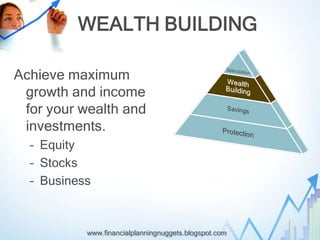 WEALTH BUILDING

Achieve maximum
 growth and income
 for your wealth and
 investments.
  – Equity
  – Stocks
  – Business



           www.financialplanningnuggets.blogspot.com
 