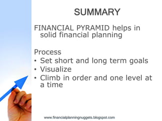 SUMMARY
FINANCIAL PYRAMID helps in
  solid financial planning

Process
• Set short and long term goals
• Visualize
• Climb in order and one level at
  a time



  www.financialplanningnuggets.blogspot.com
 