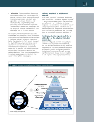 11
4	 “Predictive” capabilities enable the security
organization to learn from external events via
external monitoring of the hacker underground
to proactively anticipate new attack types
against the current state of systems and
information that it is protecting, and to
proactively prioritize and address exposures.
This intelligence is then used to feed back into
the preventive and detective capabilities, thus
closing the loop on the entire process.
The adaptive protection architecture is a useful
framework to help enterprises classify existing and
potential security investments to ensure that there
is a balanced approach to security investments.
Rather than allowing the “hot” security startup of
the day to define security investments, security
organizations should evaluate their existing
investments and competencies to determine
where they are deficient. The adaptive protection
architecture is also useful in classifying and
evaluating vendors. Those that provide capabilities
in multiple categories are more strategic than
vendors that only fit in one category.
Security Protection as a Continuous
Process
In an era of continuous compromise, enterprises
need to shift from a mindset of “incident response”
— wherein incidents are thought of as occasional,
one-off events — to a mindset of continuous
response — wherein attacks are relentless, hackers’
ability to penetrate systems and information is
never fully blocked, and systems must be assumed
to be continuously compromised, and, thus, they
must be continuously monitored (see Figure 2).
Continuous Monitoring and Analytics Is
at the Core of the Adaptive Protection
Architecture
As shown in Figure 2, to enable a truly adaptive
and risk-based response to advanced threats,
the core of a next-generation security protection
process will be continuous, pervasive monitoring
and visibility that are constantly analyzed for
indications of compromise. This will generate
significant amounts of data. However, big data
is only big noise unless appropriate analytics
Source: Gartner (February 2014)
FIGURE 2 Continuous Monitoring Required for an Adaptive Protection Architecture
 