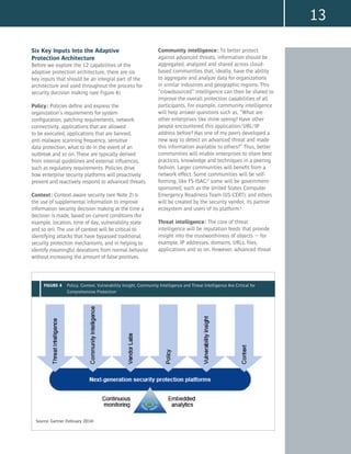 13
Six Key Inputs Into the Adaptive
Protection Architecture
Before we explore the 12 capabilities of the
adaptive protection architecture, there are six
key inputs that should be an integral part of the
architecture and used throughout the process for
security decision making (see Figure 4).
Policy: Policies define and express the
organization’s requirements for system
configuration, patching requirements, network
connectivity, applications that are allowed
to be executed, applications that are banned,
anti-malware scanning frequency, sensitive
data protection, what to do in the event of an
outbreak and so on. These are typically derived
from internal guidelines and external influences,
such as regulatory requirements. Policies drive
how enterprise security platforms will proactively
prevent and reactively respond to advanced threats.
Context: Context-aware security (see Note 2) is
the use of supplemental information to improve
information security decision making at the time a
decision is made, based on current conditions (for
example, location, time of day, vulnerability state
and so on). The use of context will be critical to
identifying attacks that have bypassed traditional
security protection mechanisms, and in helping to
identify meaningful deviations from normal behavior
without increasing the amount of false positives.
Community intelligence: To better protect
against advanced threats, information should be
aggregated, analyzed and shared across cloud-
based communities that, ideally, have the ability
to aggregate and analyze data for organizations
in similar industries and geographic regions. This
“crowdsourced” intelligence can then be shared to
improve the overall protection capabilities of all
participants. For example, community intelligence
will help answer questions such as, “What are
other enterprises like mine seeing? Have other
people encountered this application/URL/IP
address before? Has one of my peers developed a
new way to detect an advanced threat and made
this information available to others?” Thus, better
communities will enable enterprises to share best
practices, knowledge and techniques in a peering
fashion. Larger communities will benefit from a
network effect. Some communities will be self-
forming, like FS-ISAC;3
some will be government-
sponsored, such as the United States Computer
Emergency Readiness Team (US-CERT); and others
will be created by the security vendor, its partner
ecosystem and users of its platform.4
Threat intelligence: The core of threat
intelligence will be reputation feeds that provide
insight into the trustworthiness of objects — for
example, IP addresses, domains, URLs, files,
applications and so on. However, advanced threat
Source: Gartner (February 2014)
FIGURE 4 Policy, Context, Vulnerability Insight, Community Intelligence and Threat Intelligence Are Critical for 	
	 Comprehensive Protection
 