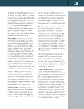 15
execute. Traditional “default deny” (also referred to as
“whitelisting”) is a powerful capability and approach
that falls into this category, whether at the network
firewall (only communicate on this port/protocol) or
the system application control level (only allow these
applications to execute; see “How to Successfully
Deploy Application Control”). Data encryption can be
thought of as a form of whitelisting and hardening
at the information level. Vulnerability and patch
management approaches to identify and close
vulnerabilities also map to this category. Emerging
endpoint isolation and “sandboxing” techniques,
which proactively limit the ability of a network/
system/process/application to interact with others,
are another example from this category5
.
Divert attackers: Simply stated, techniques
applied in this evolving category try to address
the asymmetric advantages that hackers have
in time. These techniques waste hackers’ time
by making it more difficult for them to locate
legitimate systems and vulnerabilities to attack,
hiding or obfuscating system interfaces and
information through a variety of techniques (such
as the creation of fake systems, vulnerabilities
and information). For example, the Mykonos
technology acquired by Juniper Networks creates
the illusion of application layer vulnerabilities
where none exist,6
thereby providing an active
form of honeypots.7
Unisys Stealth hides
networked systems,8
and CSG’s Invotas solution
implements a variety of diversion techniques.9
While security through obscurity is insufficient, it
is appropriate to consider these capabilities in a
layered, defense-in-depth protection strategy.
In addition to wasting hackers’ time, these
techniques can, with high assurance, quickly
identify anyone trying to access fake systems,
vulnerabilities and information as a hacker (since
legitimate users would not be accessing these),
and prevent them from causing damage. At the
user interface layer, newer vendors, such as Shape
Security,10
harden applications at the user interface
layer to protect against automated attacks.
Prevent incidents: This category maps to
well-established approaches to prevent hackers
from gaining unauthorized access to systems;
it includes traditional “signature based” anti-
malware scanning as well as network and host-
based intrusion prevention systems. “Behavioral
signatures” may also be used at different layers
here — for example, to prevent systems from
communicating with known command-and-control
centers by using threat intelligence from third-
party reputation service feeds and integrating it
into network, gateway or host-based controls (or
within a host, thereby preventing one process from
injecting itself into the memory space of another).
Detect incidents: Some attacks will inevitably
bypass traditional blocking and prevention
mechanisms, in which case it is key to detect
the intrusion in as short a time as possible to
minimize the hacker’s ability to inflict damage
or exfiltrate sensitive information. A variety of
techniques may be used here (see Note 3), but
most rely on the analysis of data gathered by
continuous monitoring at the core of the adaptive
protection architecture, by detecting anomalies
from normal patterns of network or endpoint
behavior, by detecting outbound connections to
known bad entities, or by detecting sequences
of events and behavioral signatures as potential
indictors of compromise.
The continuous and pervasive monitoring at the
heart of Figure 5 becomes critical to perform
analytics on what is currently being observed
versus what has been normal in the past so
that the security operations analyst can identify
anomalies. Going forward, the development of a
continuous security operations center and skilled
security operations analysts will become critical
competencies for enterprises.
Confirm and prioritize risk: Once a potential
incident has been detected, it needs to be
confirmed by correlating indicators of compromise
across different entities — for example, comparing
what a network-based threat detection system
sees in a sandboxed environment to what is
being observed on actual endpoints in terms of
processes, behaviors, registry entries and so on.
This ability to share intelligence across networks
and endpoints is one of the primary reasons cited
by FireEye in its recent acquisition of Mandiant.11
Based on internal and external context — such
as the user, his or her role, the sensitivity of the
information being handled and the business value
of the asset — this issue should be prioritized by
the risk to the enterprise, and be visually presented
so that the security operations analyst can focus
on the highest-risk priority issues first.
 