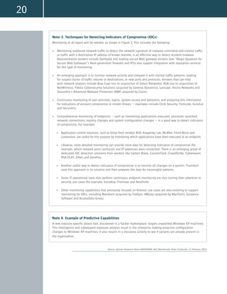 20
Note 3. Techniques for Detecting Indicators of Compromise (IOCs)
Monitoring at all layers will be needed, as shown in Figure 3. This includes the following:
•	 Monitoring outbound network traffic to detect the network signature of malware command-and-control traffic,
or traffic with a destination IP address of known botnets, is an effective way to detect resident malware.
Representative vendors include Damballa and leading secure Web gateway vendors (see “Magic Quadrant for
Secure Web Gateways”). Next-generation firewalls and IPSs also support integration with reputation services
for this type of monitoring.
•	 An emerging approach is to monitor network activity and compare it with normal traffic patterns, looking
for suspect bursts of traffic volume or destinations, or new ports and protocols. Vendors that can help
with network analysis include Blue Coat (via its acquisition of Solera Networks), RSA (via its acquisition of
NetWitness), Fidelis Cybersecurity Solutions (acquired by General Dynamics), Lancope, Vectra Networks and
Sourcefire’s Advanced Malware Protection (AMP; acquired by Cisco).
•	 Continuous monitoring of user activities, logins, system access and behaviors, and analyzing this information
for indications of account compromise or insider threats — examples include Click Security, Fortscale, GuruCul
and Securonix.
•	 Comprehensive monitoring of endpoints — such as monitoring applications executed, processes launched,
network connections, registry changes and system configuration changes — is a good way to detect indicators
of compromise. For example:
•	 Application control solutions, such as those from vendors Bit9, Kaspersky Lab, McAfee, Trend Micro and
Lumension, are useful for this purpose by monitoring which applications have been executed at an endpoint.
•	 Likewise, more detailed monitoring can provide more data for detecting indicators of compromise (for
example, which network ports/protocols and IP addresses were contacted). There is an emerging group of
dedicated IOC detection solutions from vendors like Carbon Black, CounterTack, CrowdStrike, Cybereason,
RSA ECAT, Ziften and ZoneFox.
•	 Another useful way to detect indicators of compromise is to monitor all changes on a system. Triumfant
uses this approach in its solution and then analyzes the data for meaningful patterns.
•	 Some IT operational tools that perform continuous endpoint monitoring are also turning their attention to
security use cases (for example, ExtraHop, Promisec and Nexthink).
•	 Other monitoring capabilities that previously focused on forensic use cases are also evolving to support
monitoring for IOCs, including Mandiant (acquired by FireEye), HBGary (acquired by ManTech), Guidance
Software and AccessData Group.
Note 4. Example of Predictive Capabilities
A new industry-specific attack tool, discovered in a hacker marketplace, targets unpatched Windows XP machines.
This intelligence and subsequent exposure analysis result in the enterprise making proactive configuration
changes to Windows XP machines. It also results in a discovery activity to see if variants are already present in
the organization.
Source: Gartner Research Note G00259490, Neil MacDonald, Peter Firstbrook, 12 February 2014
 