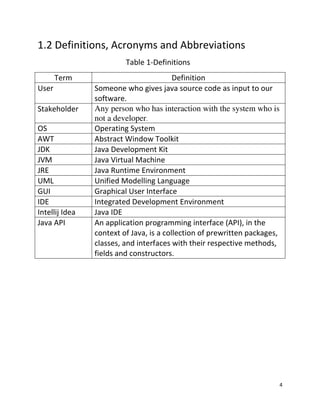 4
1.2 Definitions, Acronyms and Abbreviations
Table 1-Definitions
Term Definition
User Someone who gives java source code as input to our
software.
Stakeholder Any person who has interaction with the system who is
not a developer.
OS Operating System
AWT Abstract Window Toolkit
JDK Java Development Kit
JVM Java Virtual Machine
JRE Java Runtime Environment
UML Unified Modelling Language
GUI Graphical User Interface
IDE Integrated Development Environment
Intellij Idea Java IDE
Java API An application programming interface (API), in the
context of Java, is a collection of prewritten packages,
classes, and interfaces with their respective methods,
fields and constructors.
 