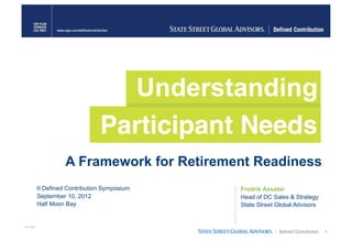 Understanding
                                Participant Needs
                    A Framework for Retirement Readiness
          II Defined Contribution Symposium   Fredrik Axsater
          September 10, 2012                  Head of DC Sales & Strategy
          Half Moon Bay                       State Street Global Advisors


DC-0444
                                                                             1
 
