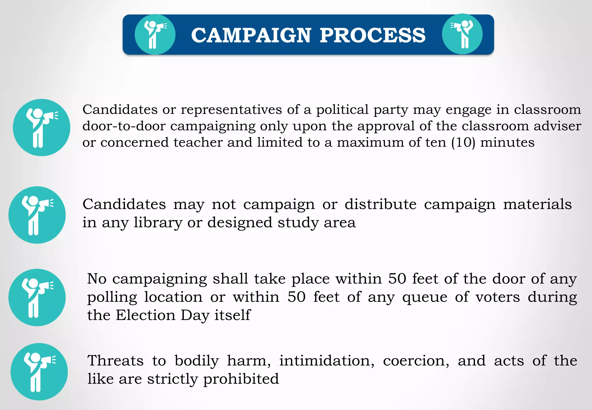 CAMPAIGN PROCESS
Candidates may not campaign or distribute campaign materials
in any library or designed study area
Candidates or representatives of a political party may engage in classroom
door-to-door campaigning only upon the approval of the classroom adviser
or concerned teacher and limited to a maximum of ten (10) minutes
No campaigning shall take place within 50 feet of the door of any
polling location or within 50 feet of any queue of voters during
the Election Day itself
Threats to bodily harm, intimidation, coercion, and acts of the
like are strictly prohibited
 