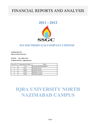 SUBMITTED TO:
SIR NAVEED SAJWANI
DATED: 18th APRIL 2014
SUBMITTED BY: (Alphabaticaly)
Serial No.
1.
2.
3.
4.
5.
IQRA UNIVERSITY NORTH
NAZIMABAD CAMPUS
FINANCIAL REPORTS AND ANALYSIS
2011 - 2012
SUI SOUTHERN GAS COMPANY LIMITED
Registration Number Name
1779 M. KALEEM MEHMOOD
10396 USAMA HAMID
10251 FARUKH EJAZ
10403 OMAIR FAISAL
10159 SHAKIR ULLAH
Page 1
 