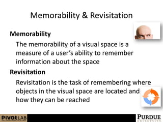 Memorability & RevisitationMemorabilityThe memorability of a visual space is a measure of a user’s ability to remember information about the space RevisitationRevisitation is the task of remembering where objects in the visual space are located and how they can be reached