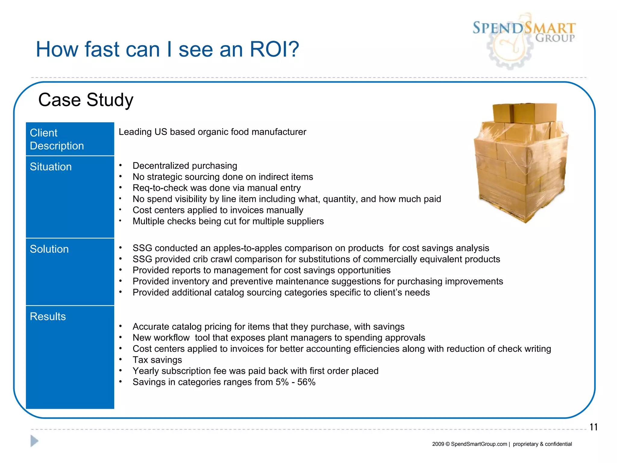 How fast can I see an ROI? 2009 © SpendSmartGroup.com |  proprietary & confidential Case Study Client Description Leading US based organic food manufacturer  Situation Decentralized purchasing No strategic sourcing done on indirect items Req-to-check was done via manual entry No spend visibility by line item including what, quantity, and how much paid Cost centers applied to invoices manually Multiple checks being cut for multiple suppliers Solution SSG conducted an apples-to-apples comparison on products  for cost savings analysis SSG provided crib crawl comparison for substitutions of commercially equivalent products Provided reports to management for cost savings opportunities Provided inventory and preventive maintenance suggestions for purchasing improvements  Provided additional catalog sourcing categories specific to client’s needs  Results Accurate catalog pricing for items that they purchase, with savings New workflow  tool that exposes plant managers to spending approvals Cost centers applied to invoices for better accounting efficiencies along with reduction of check writing Tax savings Yearly subscription fee was paid back with first order placed Savings in categories ranges from 5% - 56% 
