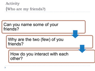 Activity
(Who are my friends?)


Can you name some of your
friends?

  Why are the two (few) of you
  friends?

   How do you interact with each
   other?
 