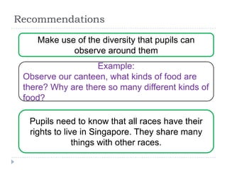 Recommendations

    Make use of the diversity that pupils can
            observe around them
                   Example:
 Observe our canteen, what kinds of food are
 there? Why are there so many different kinds of
 food?

  Pupils need to know that all races have their
  rights to live in Singapore. They share many
               things with other races.
 